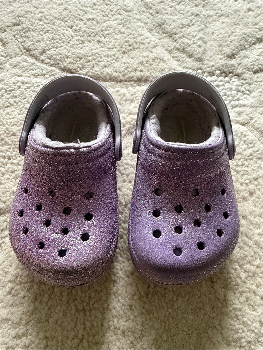 Crocs size 7 Kids Glitter Purple Clog Shoes - Cozy Slip-On